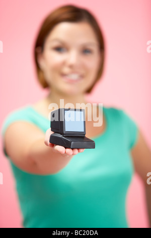 Woman Holding Model Computer Stock Photo