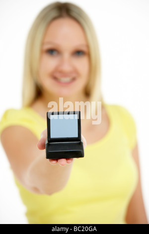 Woman Holding Model Computer Stock Photo