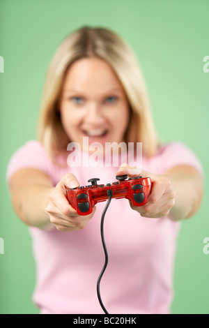 Woman Holding Video Game Controller Stock Photo