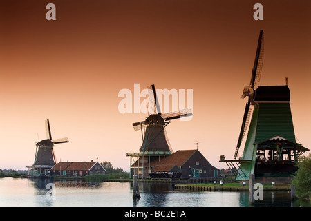 windmills at sunset. Zaanse Schans, Holland, Netherlands Stock Photo