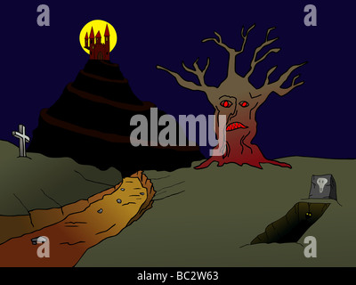 Illustration of the old haunted castle on the hill and incubus rising from the grove Stock Photo