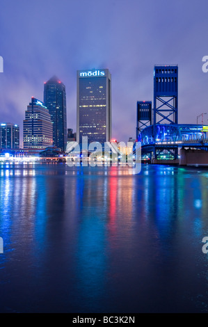 Jacksonville Florida downtown skyline reflects in St Johns River Stock Photo