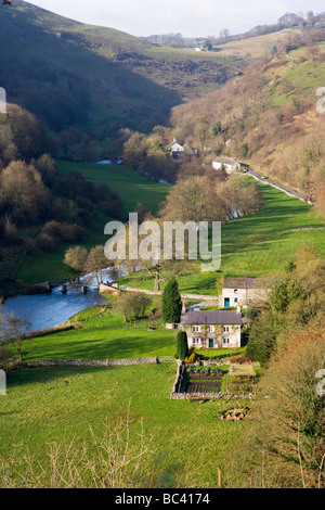 View of a Farmhouse in Monsal Dale below Monsal Head in the Wye Valley in  Derbyshire Stock Photo