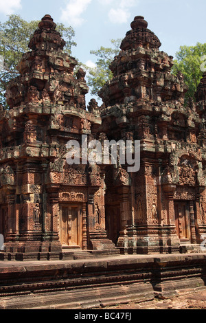 'Banteay Srei' temple towers, carved sandstone buildings, Angkor, Cambodia, [Southeast Asia] Stock Photo