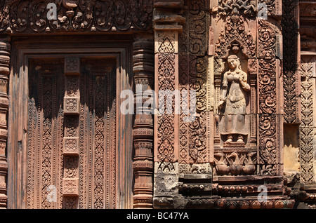 'Banteay Srei' temple ruins, sandstone building decorated with intricate carvings, Angkor, Cambodia Stock Photo