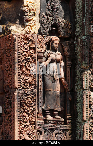 'Banteay Srei' temple ruins, carved female figure, Angkor, Cambodia Stock Photo