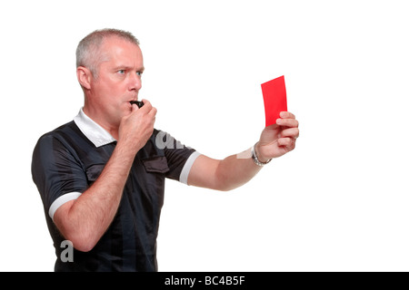 Side profile of a referee showing the red card isolated on a white background Stock Photo