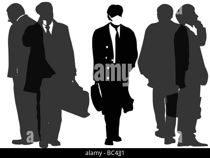 Transparent businessmen chatting on their mobile phones plus one wearing face mask Stock Photo