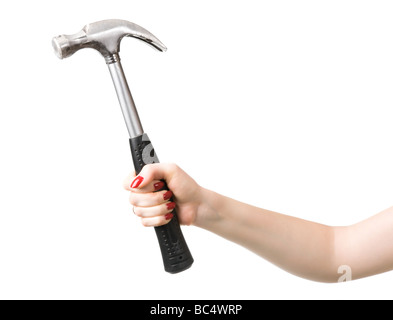 Woman hand with hammer Isolated on white Stock Photo