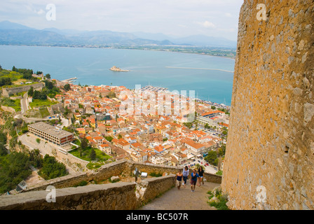 People walking up to Palamidi fortress in Nafplio Peloponnese Greece Europe Stock Photo