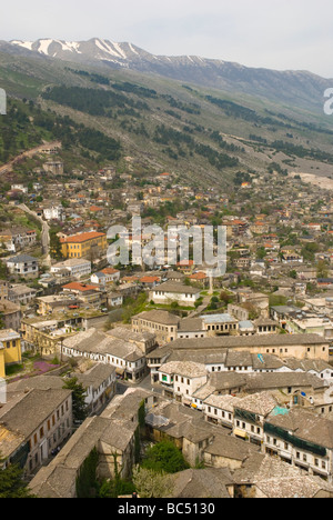 View from castle in Gjirokastra birthplace of former dictator Enver Hoxha in Southern Albania Europe Stock Photo