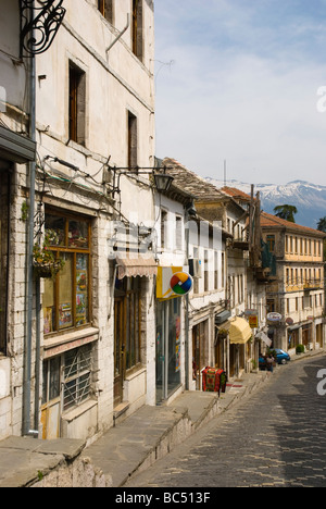 Streets of bazaar area in Gjirokastra birthplace of former dictator Enver Hoxha in Southern Albania Europe Stock Photo