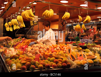 Fruit and vegetable stall La Boqueria market hall Barcelona Catalunya Spain Stock Photo