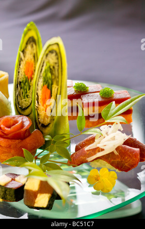 Sushi platter with rolls of tuna crab and beef Stock Photo