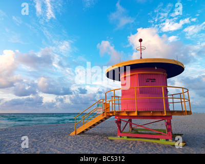 Art Deco style lifeguard station  on South Beach Miami at sunrise Stock Photo