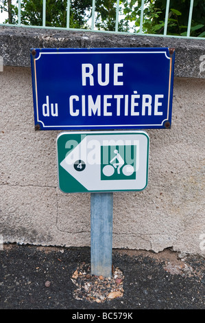 French blue enamel street sign 'Rue du Cimetiere', France. Stock Photo