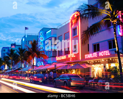 South Beach Miami, restaurants at night on Ocean Drive, Art Deco hotels Stock Photo