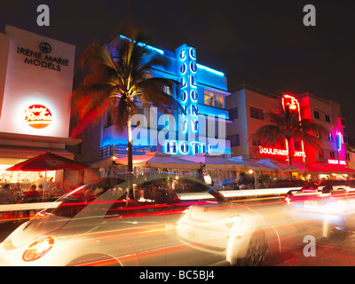 South Beach Miami,restaurants at night on Ocean Drive,Art Deco hotels Stock Photo