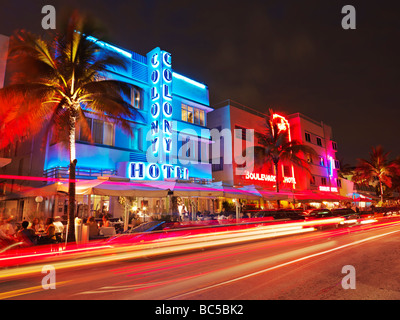 USA,Florida,South Beach Miami,restaurants at night on Ocean Drive,Art Deco hotels Stock Photo