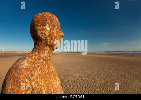 Sir Antony Gormley artwork Another Place is located on Crosby Beach which forms part of the Sefton Coast, within the Liverpool City Region of the UK. Stock Photo