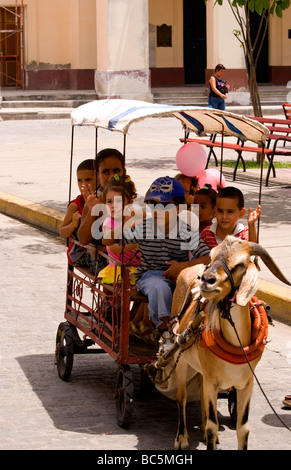 Local children celebrating with goat carriage ride in town square in ...