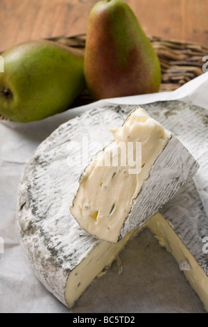 Blue cheese (Bresse Bleu, France) and pears - Stock Photo