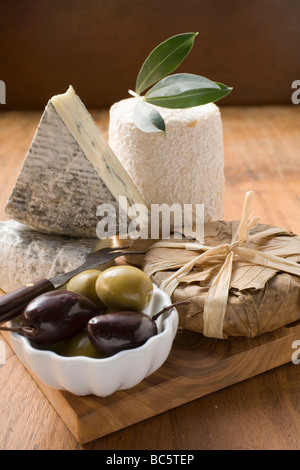 Blue cheese, goat's cheese and olives - Stock Photo