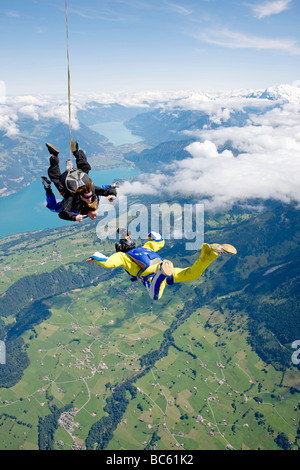 two parachute jumpers, full shot Stock Photo