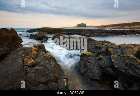 A view of Bamburgh Castle from Harkess Rocks on the Northumberland Coast Stock Photo