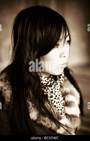 A black and white portrait of a young Chinese woman Stock Photo