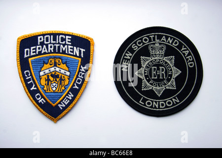 Patches of the New York Police Department NYPD and London Metropolitan police New Scotland Yard Stock Photo