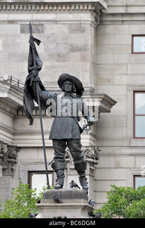 Statue of Paul de Chomedey Maisonneuve, French Military Officer and Founder of Montreal - Monument in the Place d'Armes. Stock Photo