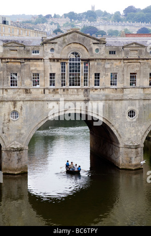 Pulteney Bridge, crossing the River Avon, Bath, is one of only four bridges in the world with shops across the full span Stock Photo