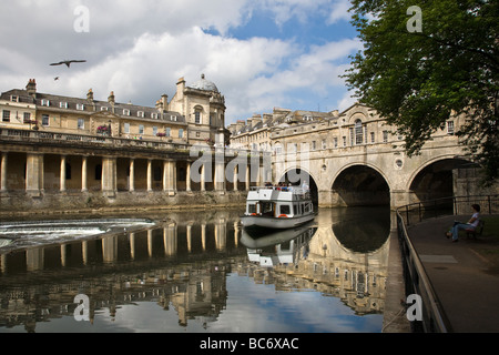 Pulteney Bridge, crossing the River Avon, Bath, is one of only four bridges in the world with shops across the full span Stock Photo