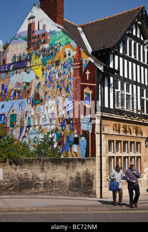 Mural on the side of Derby's Old Silk Mill pub depicting the Silk Mill lockout of 1834 Stock Photo