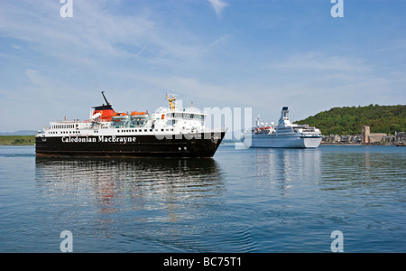 Calmac car ferry Isle of Mull arrives in Oban harbour from Craignure on Mull with passenger cruise ship Astor anchored behind Stock Photo