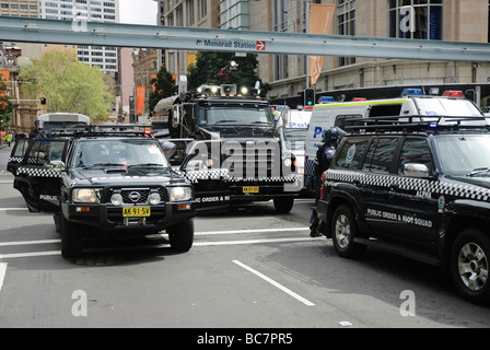 NSW Police Public Order and Riot Squad, including water canon, in a show of force during peaceful protests. Stock Photo