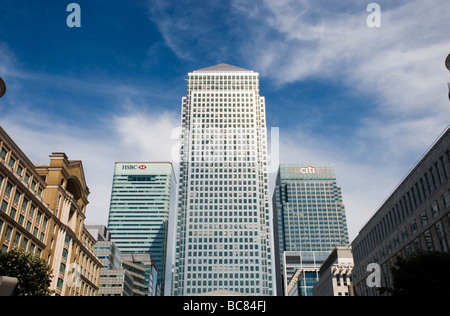 View of towers from Cabot Square in Canary Wharf, Dockland London England UK Stock Photo