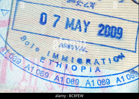 Traveler's passport with stamps for Canada, Mexico, Ethiopia Stock Photo