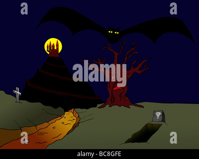 Illustration of the old haunted castle on the hill and flying vampire bat Stock Photo