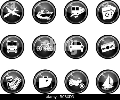 Twelve Glossy Vector Travel Icons. Easy to remove black or change color, SEE MY OTHER ICONS. Stock Photo