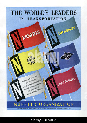 1951 colour advertisement for Nuffield cars and commercial vehicles, brands including Morris, MG, Riley, Wolsey Stock Photo