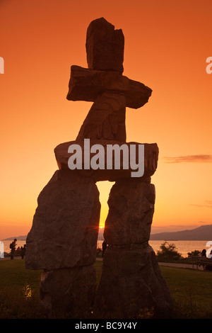 The Inukshuk monument in sunset park at English bay Olympic Symbol Westend Vancouver City Canada North America Stock Photo