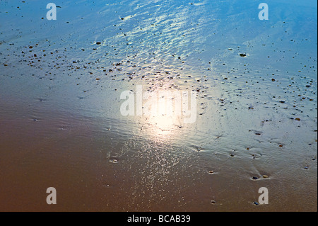 sunset reflection on wet sand Stock Photo