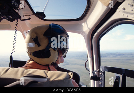 A Helicopter Pilot flying over remote coastal button grass plains. Stock Photo