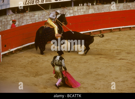 A picador fights a bull during a bull fighting match in Tijuana, Mexico during 1960. Stock Photo