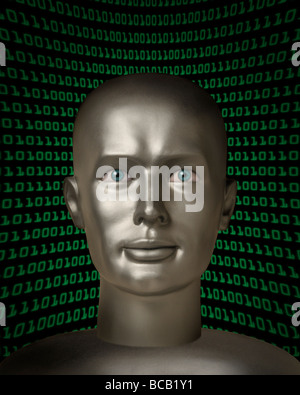 Head of a robotic android with human eyes in front of a field of binary code Stock Photo