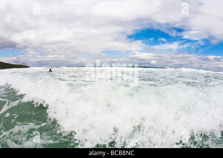 Surfing waves off Porthmeor beach summer sun St Ives Cornwall England UK United Kingdom GB Great Britain British Isles Europe Stock Photo