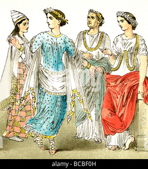 These Etruscan figures represent, two women of the upper class, a nobleman, and a woman of the upper class. Stock Photo