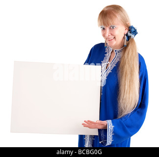 A beautiful senior woman is holding a blank white sign Stock Photo